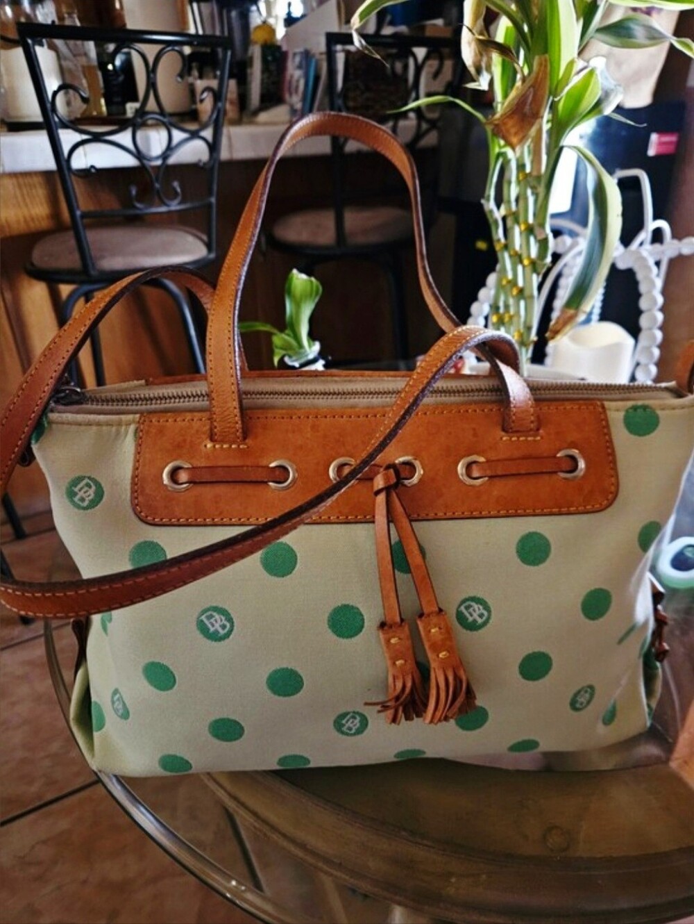 Dooney & Bourke Cute Green Polka Dot Tote with Tan Leather Trim and Tassels